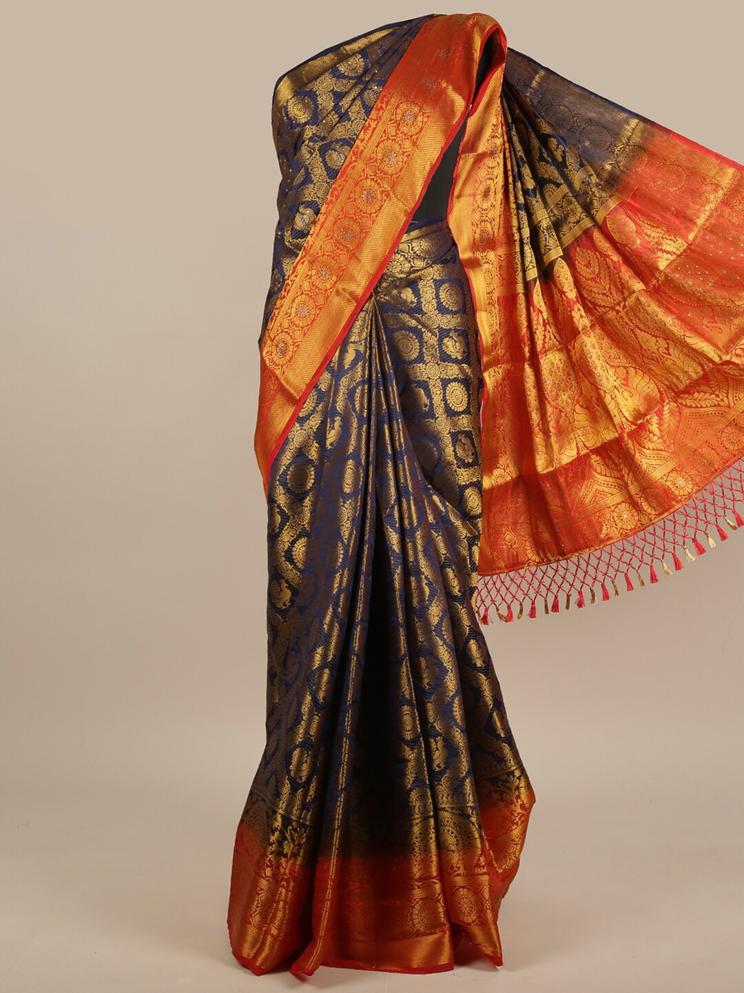

Pothys Blue & Orange Ethnic Motifs Zari Jute Silk Saree