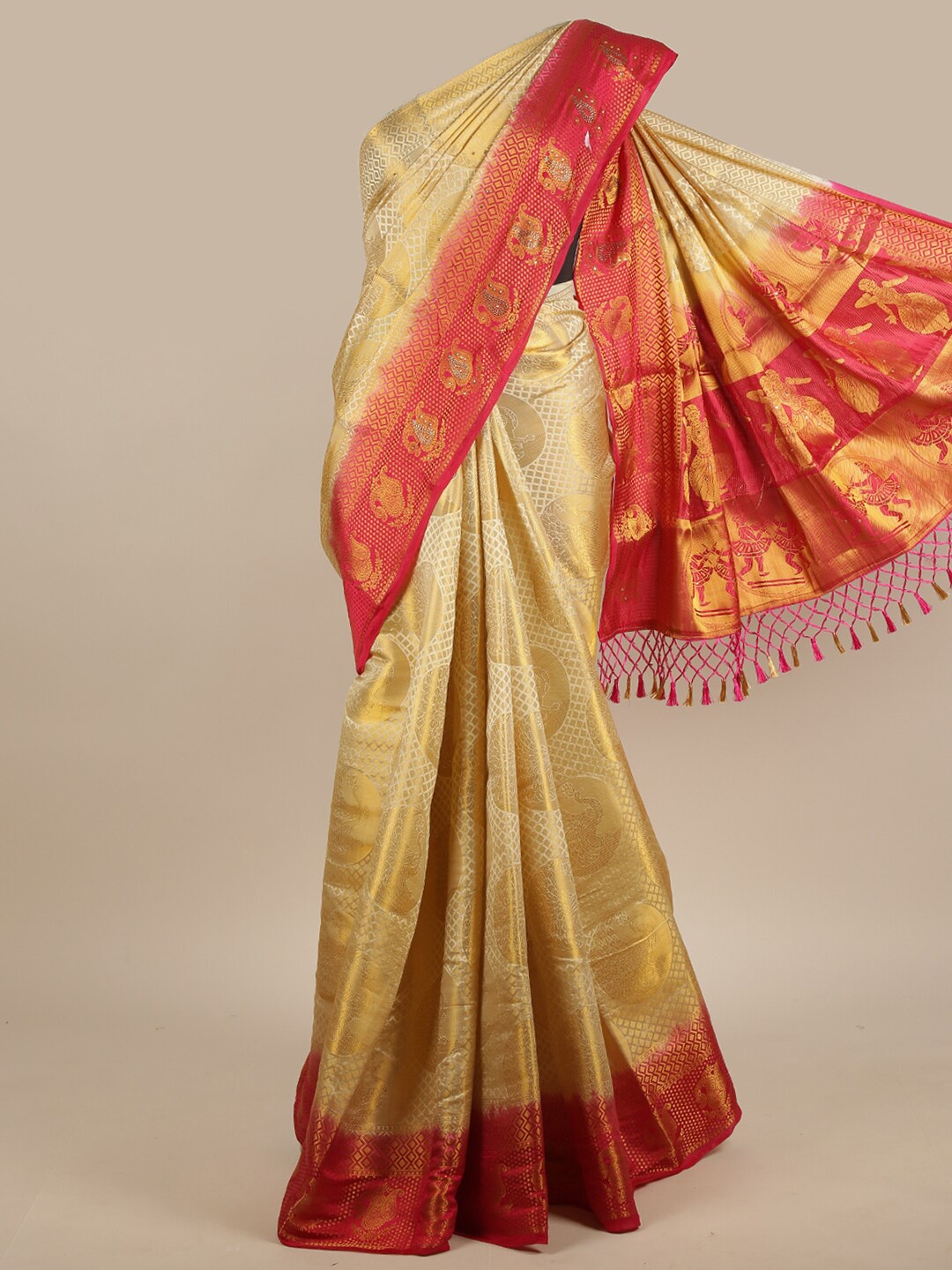 

Pothys Cream-Coloured & Pink Woven Design Zari Jute Silk Saree