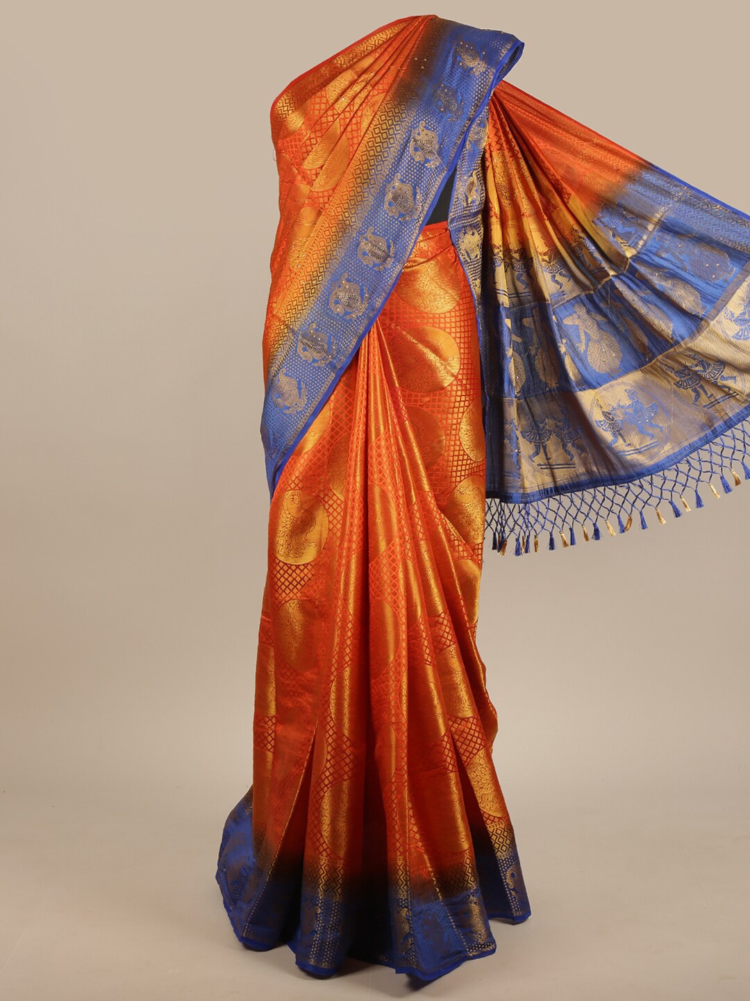 

Pothys Orange & Blue Ethnic Motifs Zari Jute Silk Saree