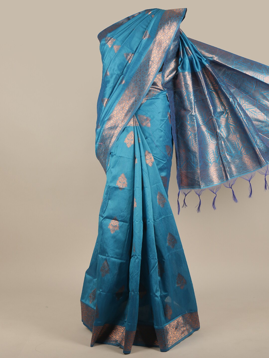 

Pothys Blue & Gold-Toned Ethnic Motifs Jute Silk Saree