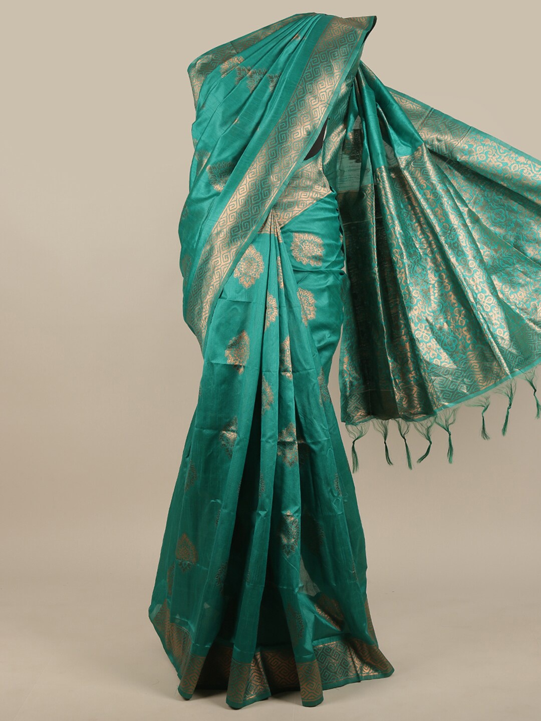 

Pothys Green & Gold-Toned Woven Design Zari Jute Silk Saree