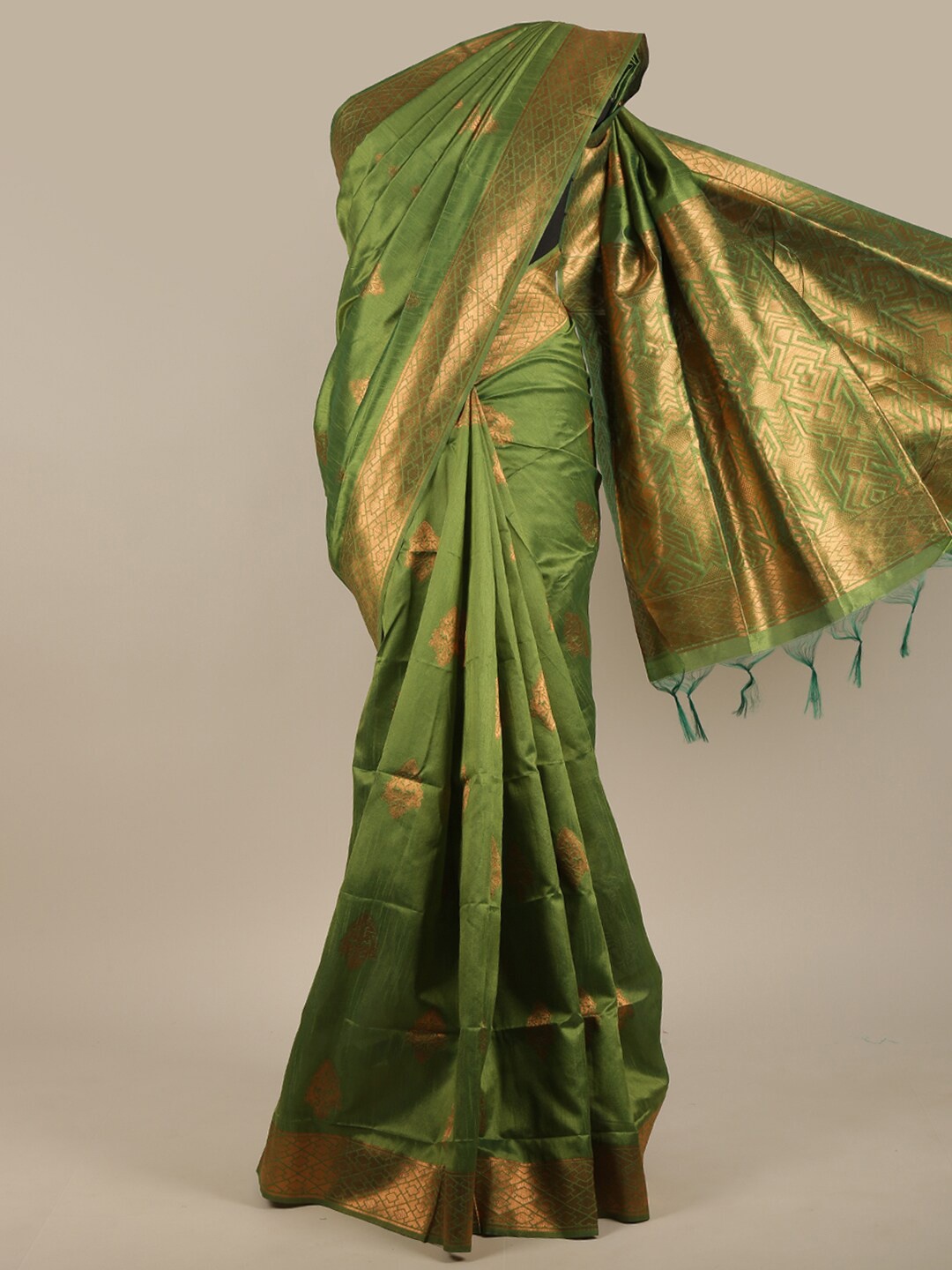 

Pothys Green & Gold-Toned Woven Design Jute Silk Saree