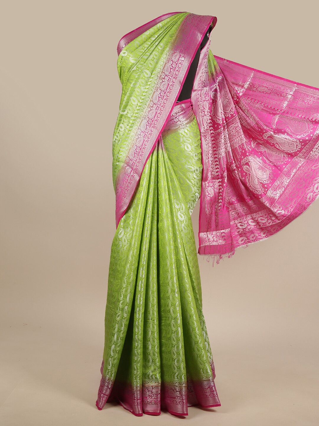 

Pothys Green & Pink Paisley Zari Jute Silk Saree
