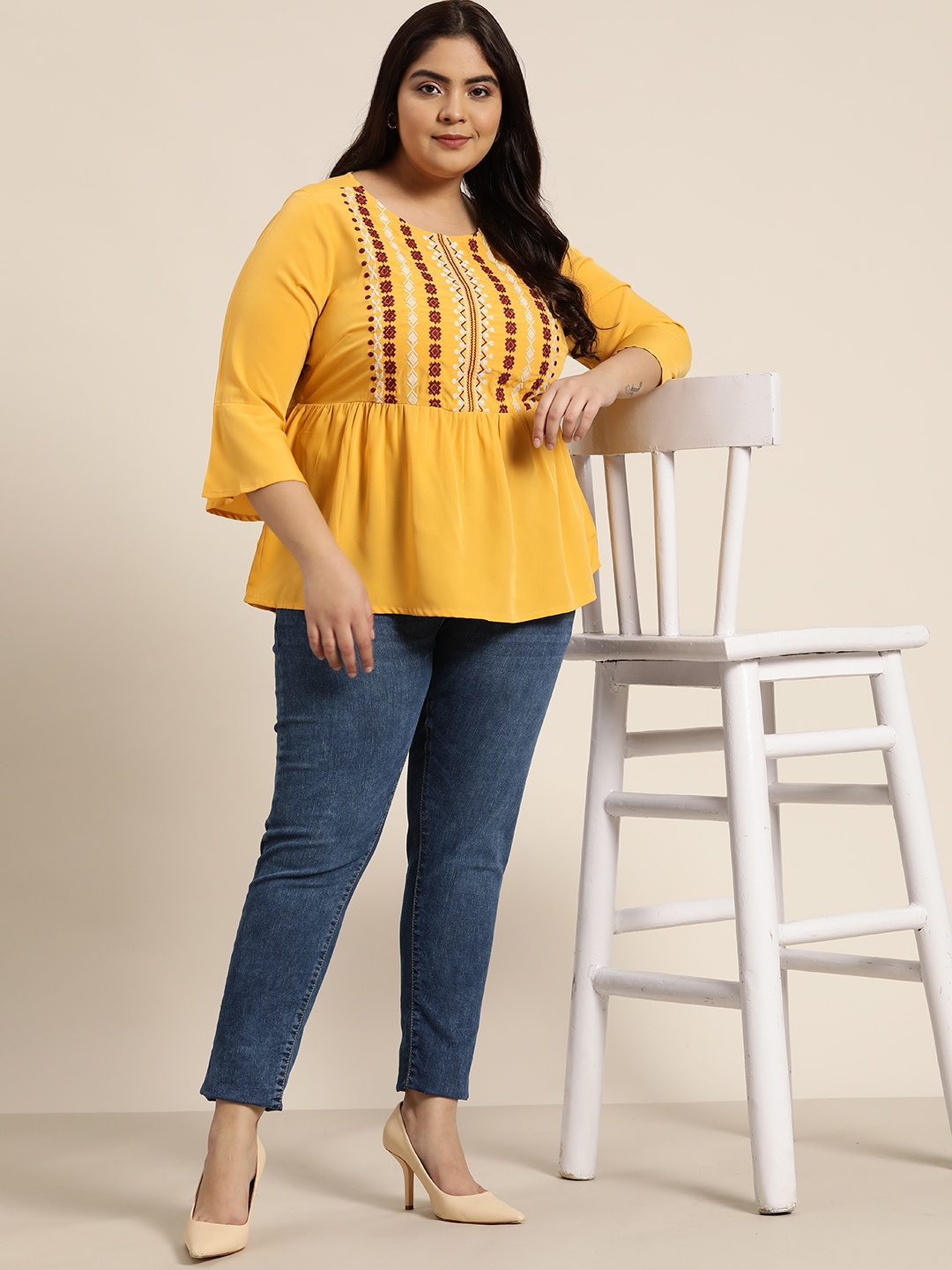 

Sztori Women Plus Size Mustard Yellow & Maroon Embroidered A-Line Top