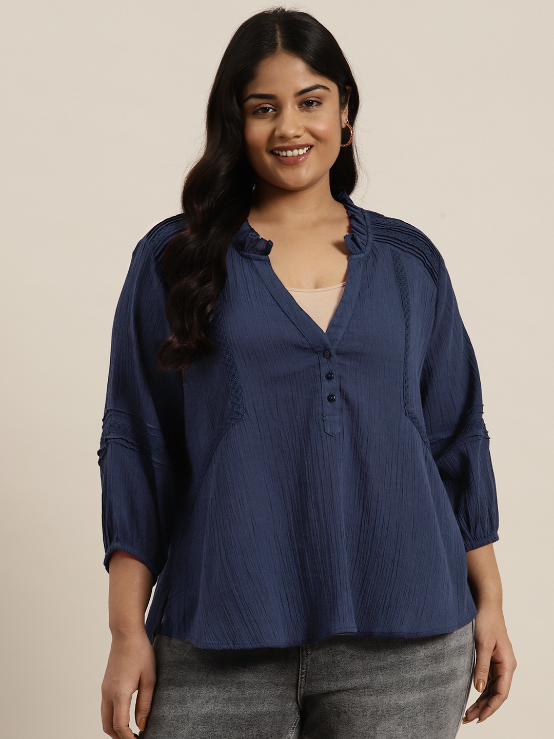 

Sztori Frilled Mandarin Collar Lace Inserted Pure Cotton Top, Navy blue