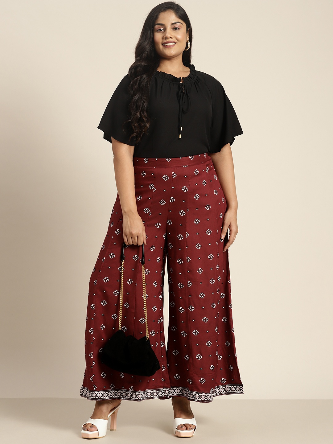 

Sztori Women Plus Size Printed Flared Ethnic Palazzos, Maroon