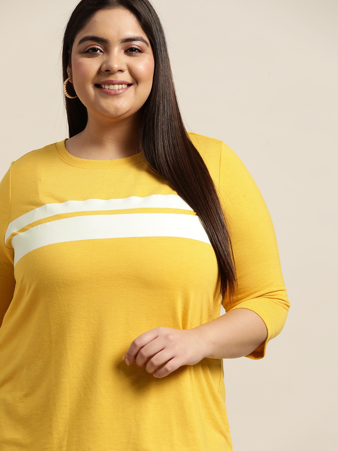 

Sztori Plus Size Women Yellow & White Striped Knitted T-shirt