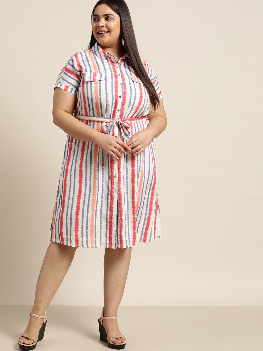 

Sztori Women Plus Size Off White & Red Striped Shirt Dress with Belt