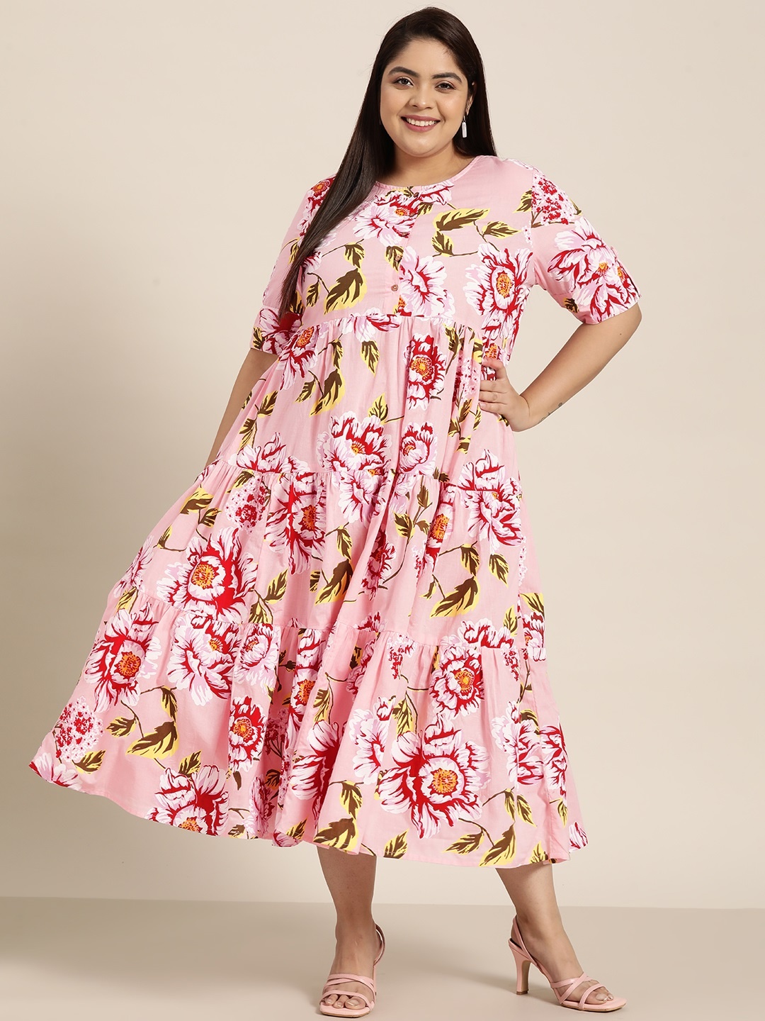 

Sztori Plus Size Pink & White Floral Print Tiered Ethnic A-Line Midi Dress