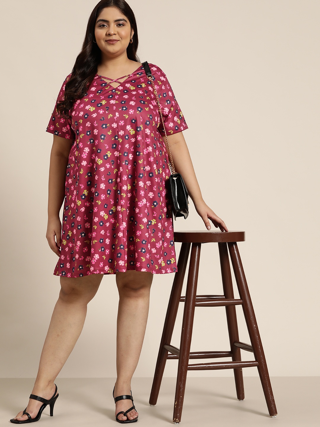 

Sztori Maroon & Pink Floral Print Plus Size A-Line Dress