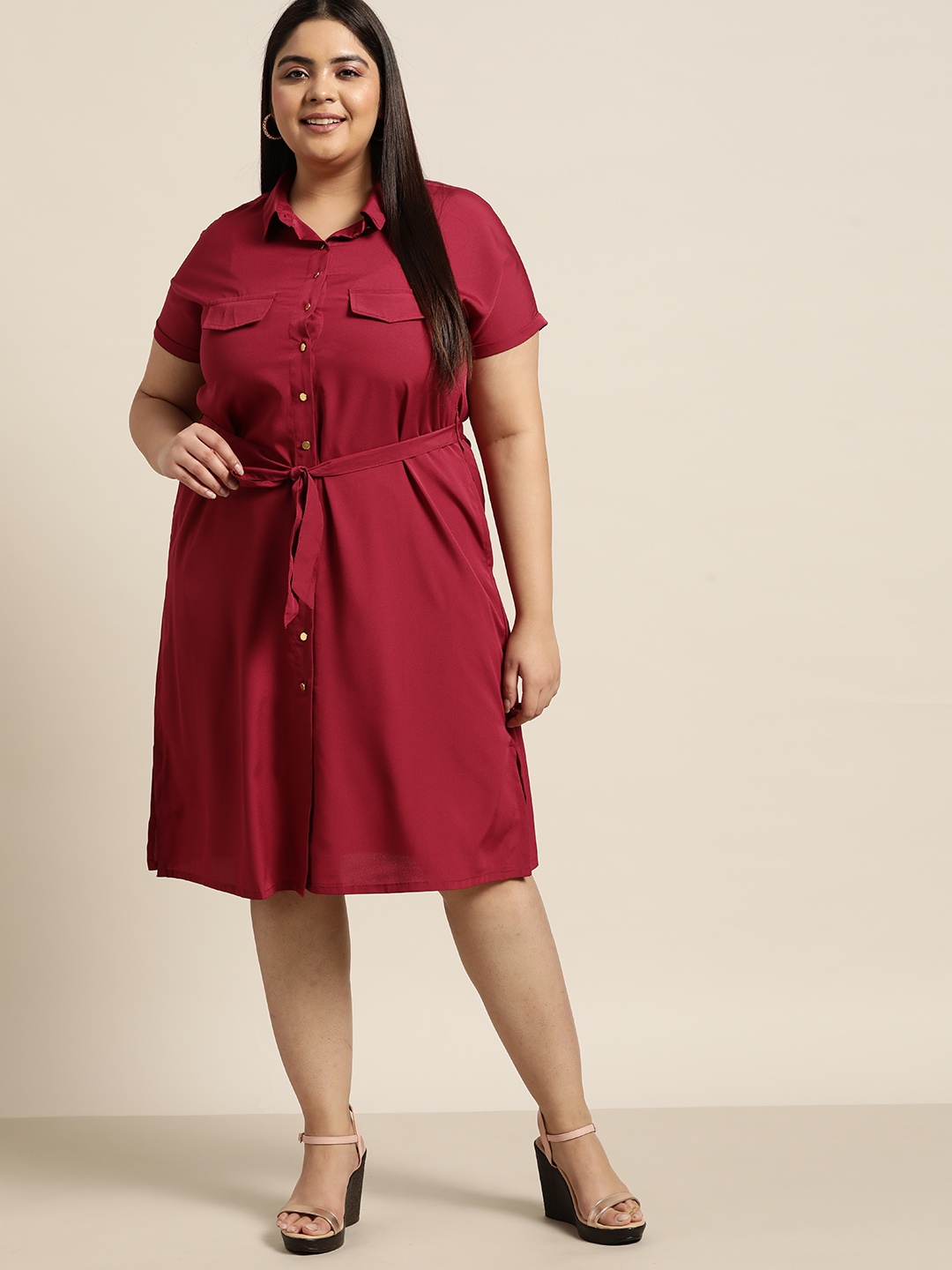 

Sztori Women Plus Size Maroon Solid Shirt Dress with Belt