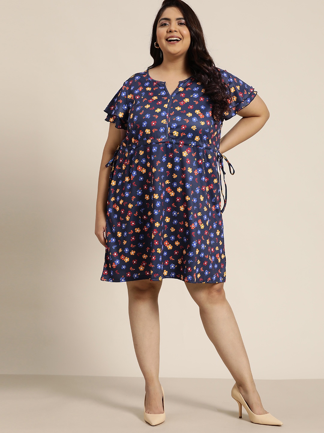 

Sztori Plus Size Navy Blue & Yellow Floral Tie-Up Detail A-Line Dress