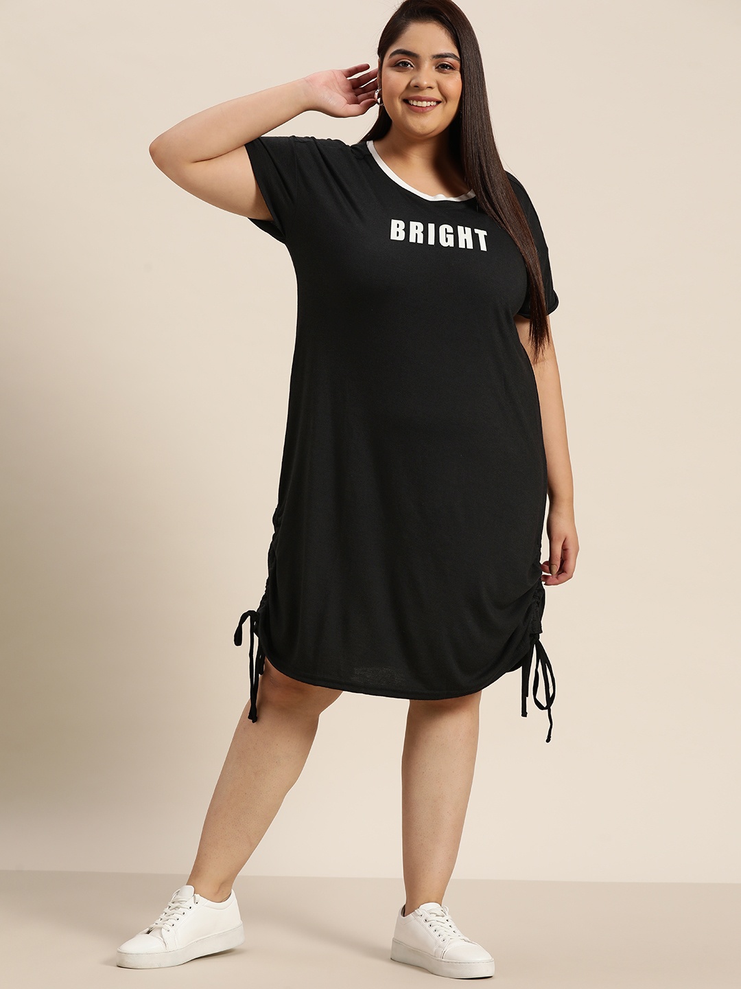 

Sztori Women Plus Size Black & White Ruched T-shirt Dress