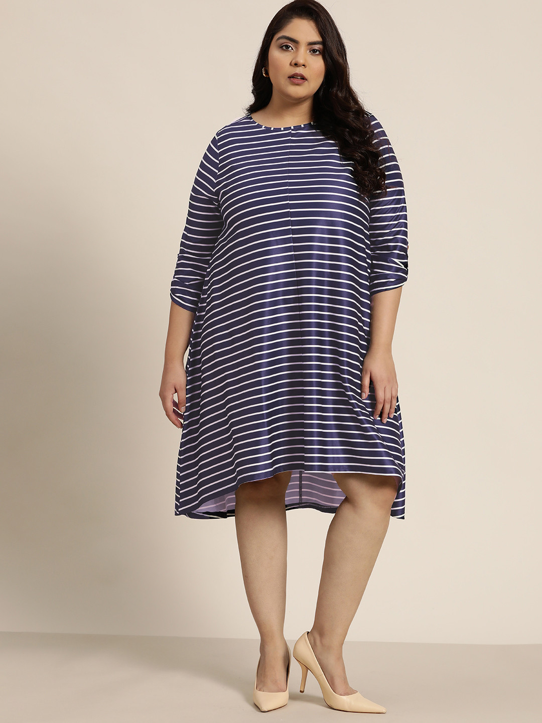 

Sztori Plus Size Navy Blue & White Striped A-Line Dress