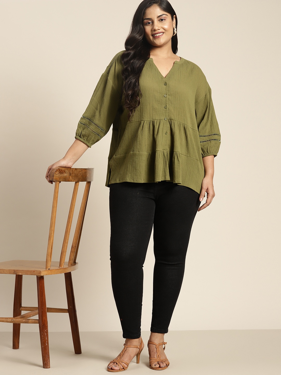 

Sztori Plus Size Plisse Cotton Tiered Top with Lace Detail, Olive