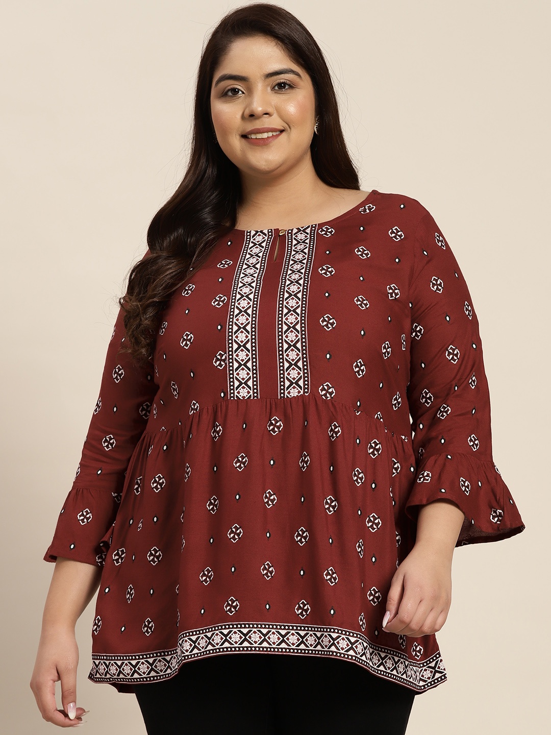 

Sztori Women Plus Size Maroon & White Ethnic Motifs Printed A-Line Kurti