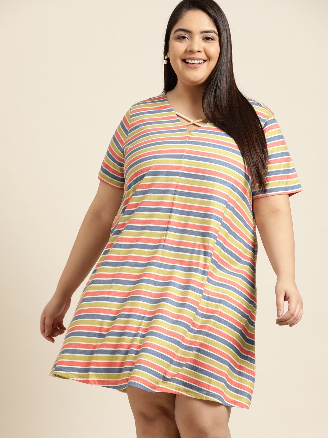 

Sztori Women Plus Size Green & Blue Striped T-shirt Dress