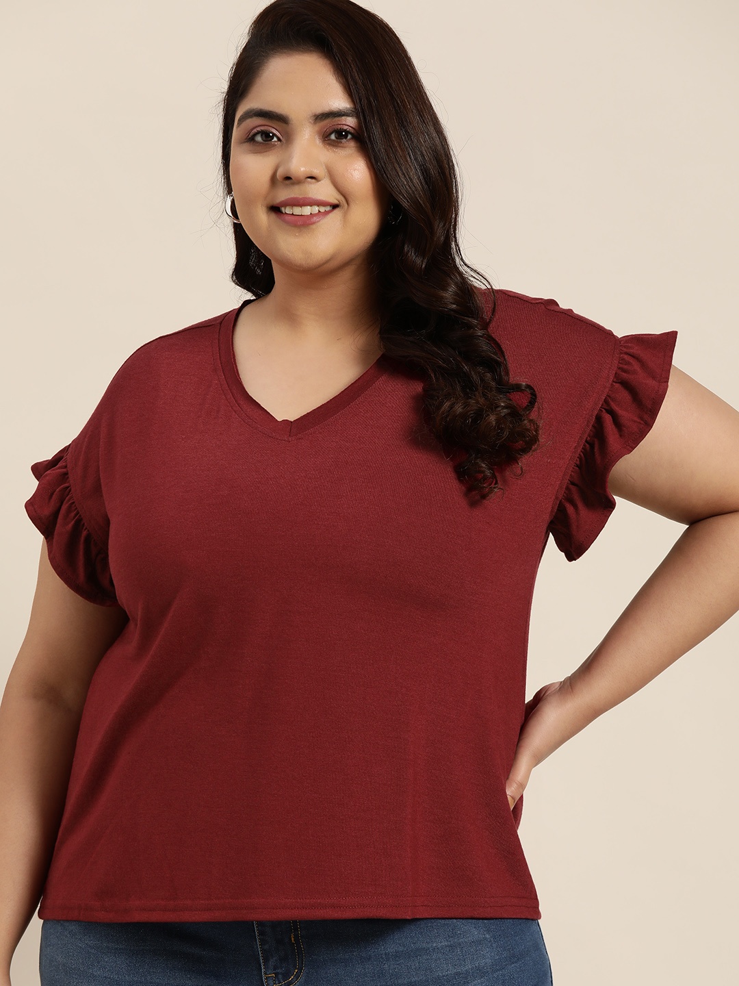 

Sztori Plus Size Maroon Solid Extended Sleeves Ruffles Top