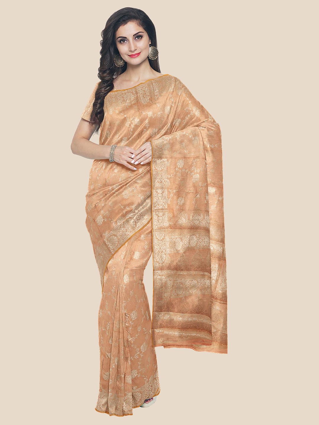 

KLM Fashion Mall Peach-Coloured & Gold-Toned Ethnic Motifs Zari Silk Blend Saree