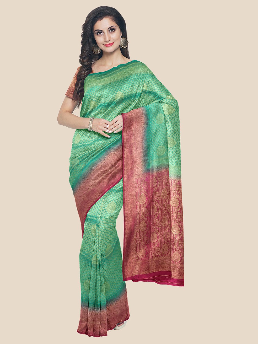 

KLM Fashion Mall Green & Magenta Woven Design Zari Silk Blend Banarasi Saree