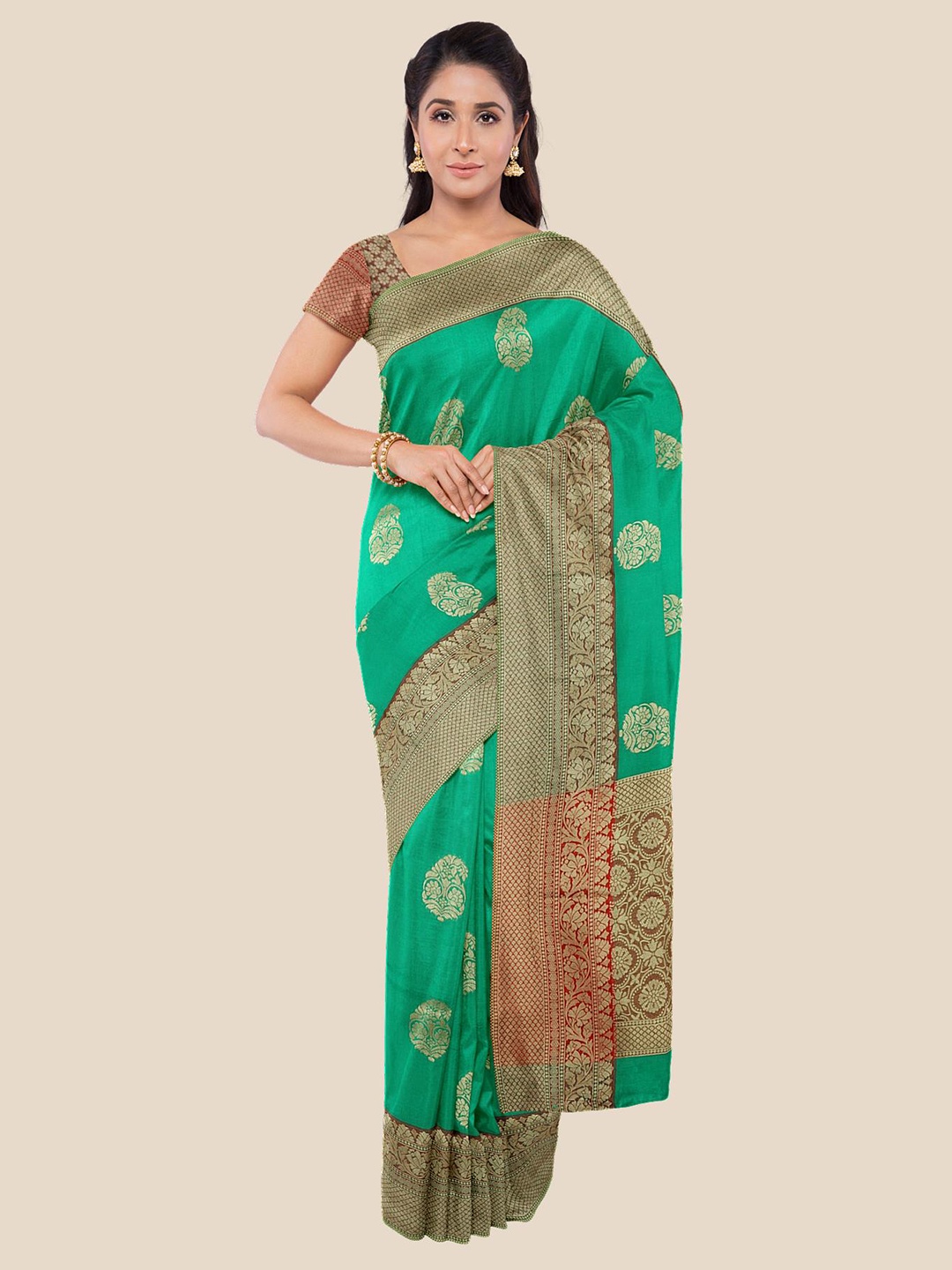 

KLM Fashion Mall Green & Red Woven Design Zari Silk Blend Saree