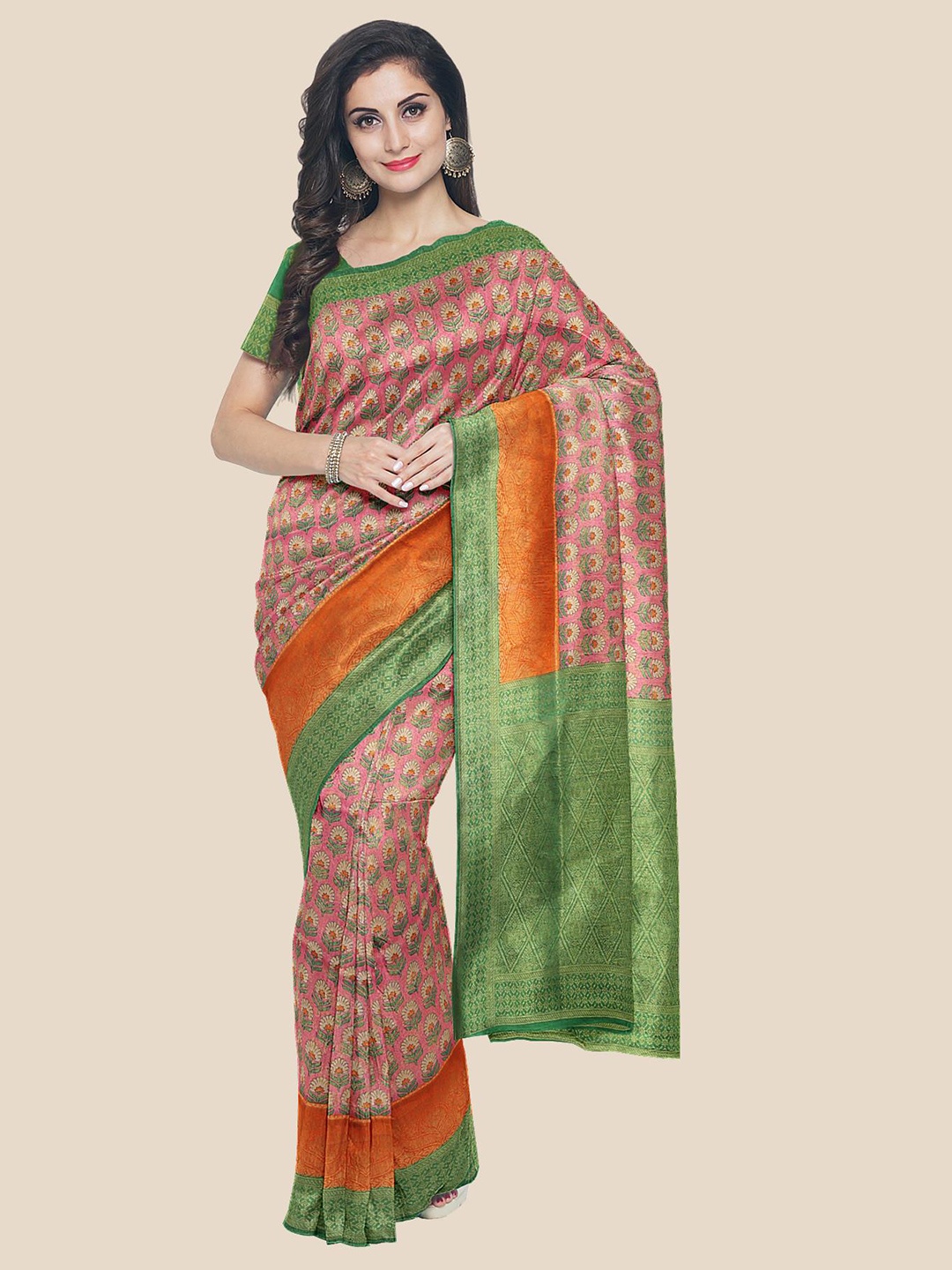 

KLM Fashion Mall Pink & Green Floral Printed Silk Blend Banarasi Saree