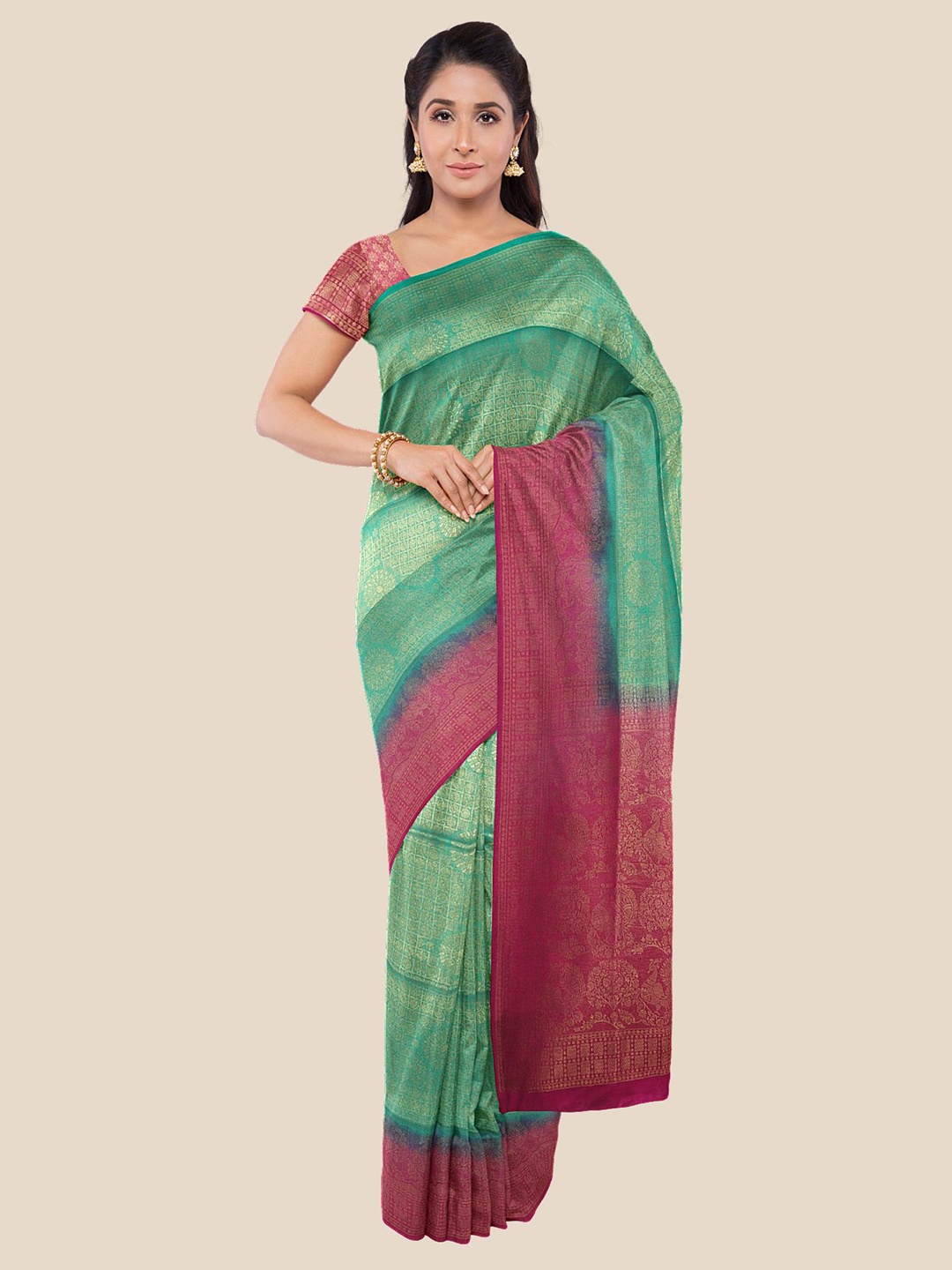 

KLM Fashion Mall Green & Magenta Woven Design Zari Silk Blend Banarasi Saree