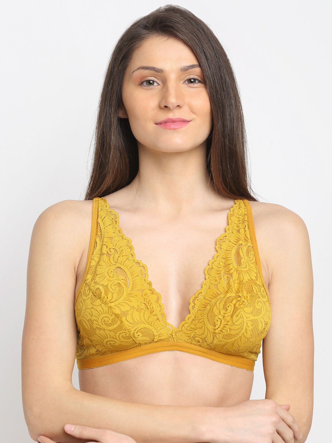 

EROTISSCH Mustard Yellow Floral Lace Bralette Bra