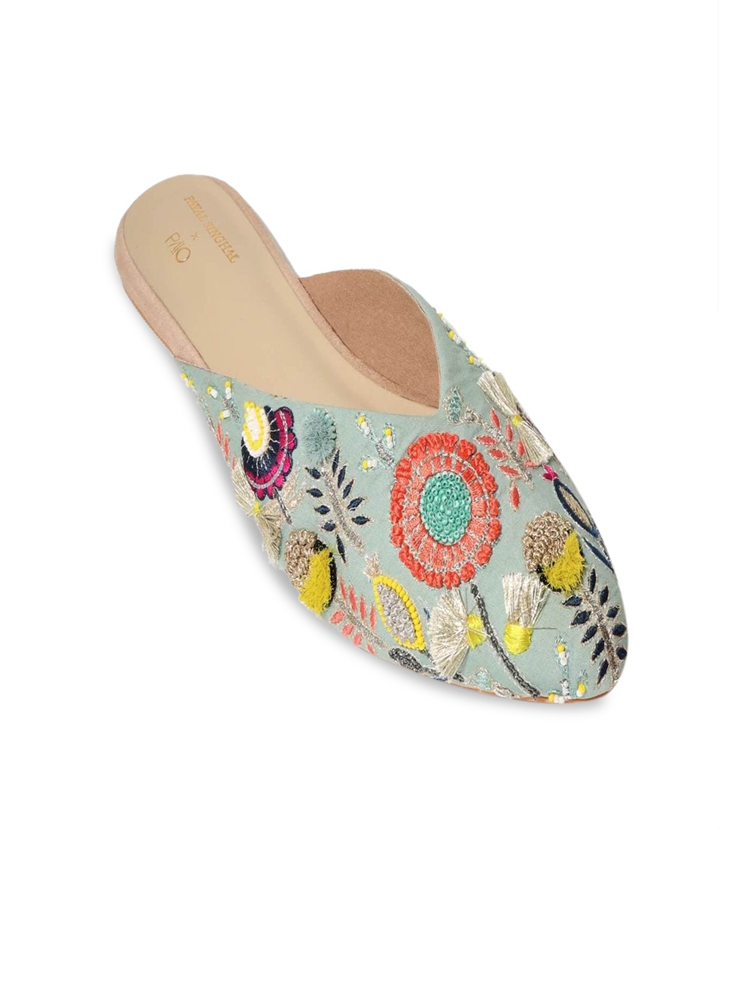 

PAIO Women Turquoise Blue Embellished Leather Ethnic Mules Flats