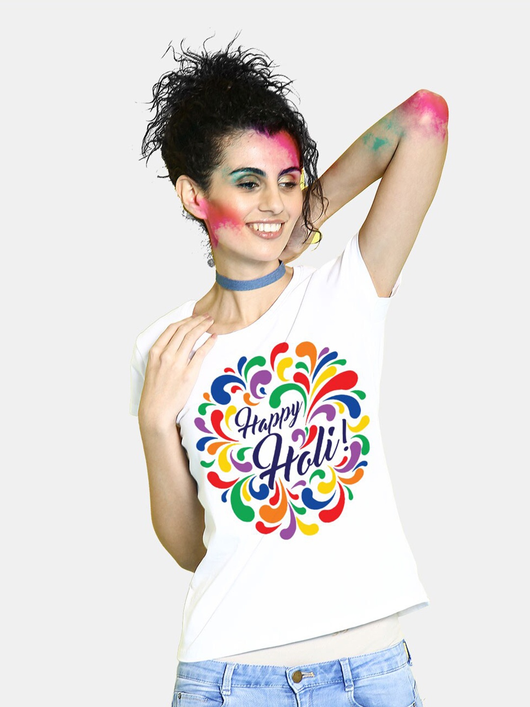 

BonOrganik Women White Happy Holi Printed Cotton T-shirt