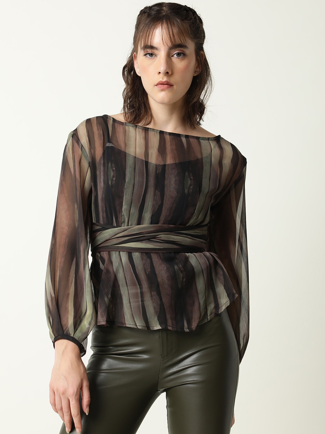 

RAREISM Green Striped Cinched Waist Top