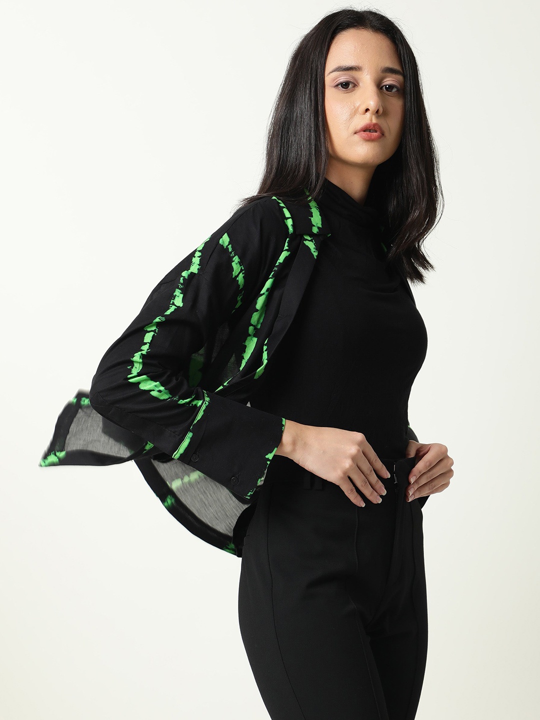 

RAREISM Black & Green Print Shirt Style Top