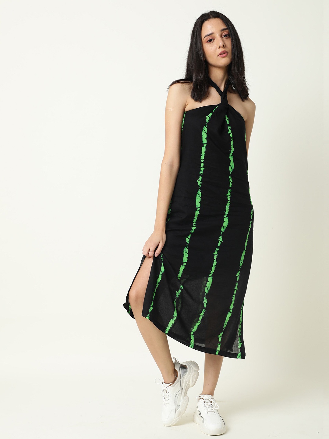 

RAREISM Black Halter Neck A-Line Midi Dress