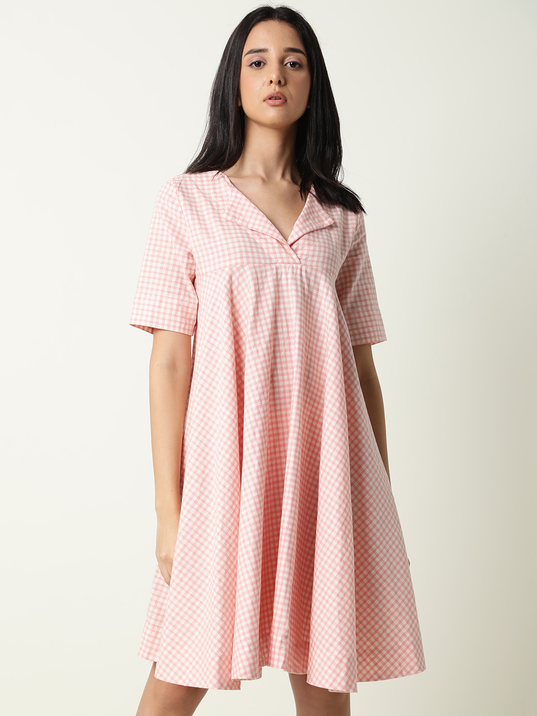 

RAREISM Peach-Coloured & White Checks Printed A-Line Dress