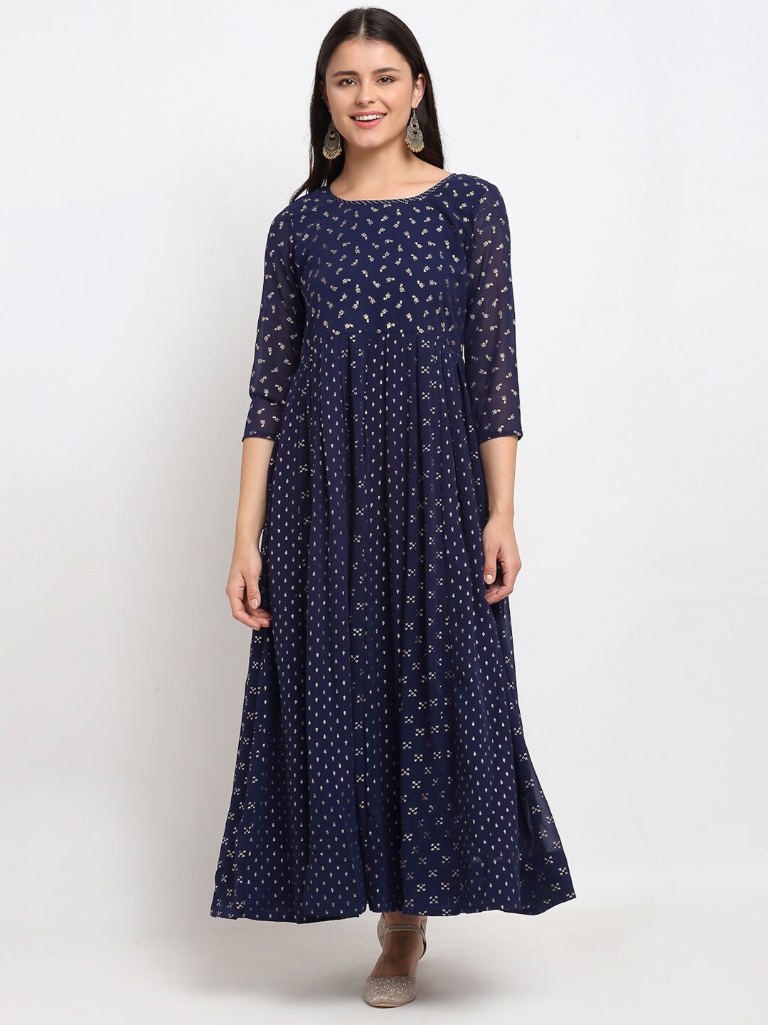 

Lovely Lady Navy Blue Georgette Foil Printed Fit & Flared Ethnic Maxi Dress
