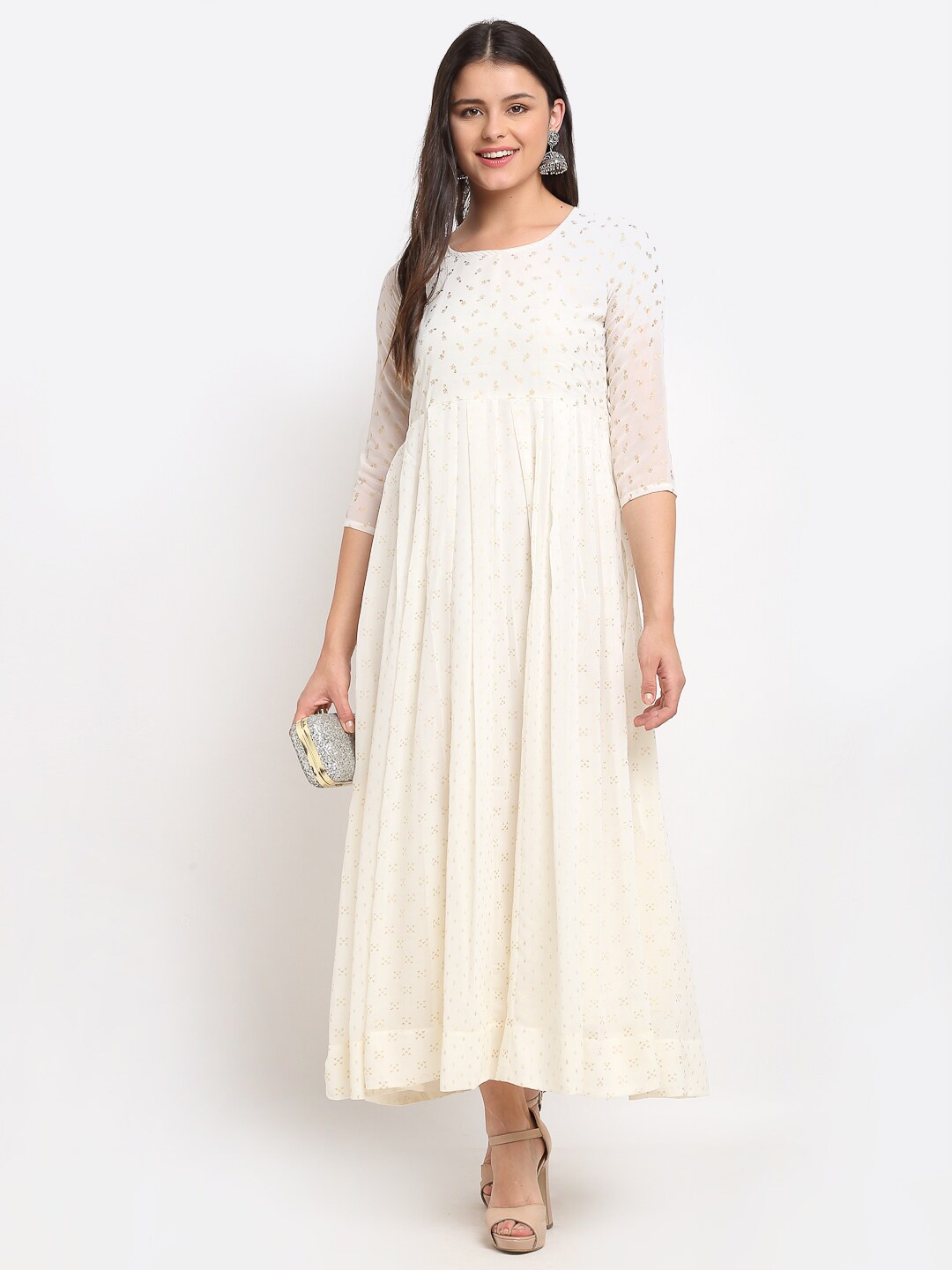 

Lovely Lady Women Off White & Gold-Toned Foil Printed Georgette Anarkali Kurta