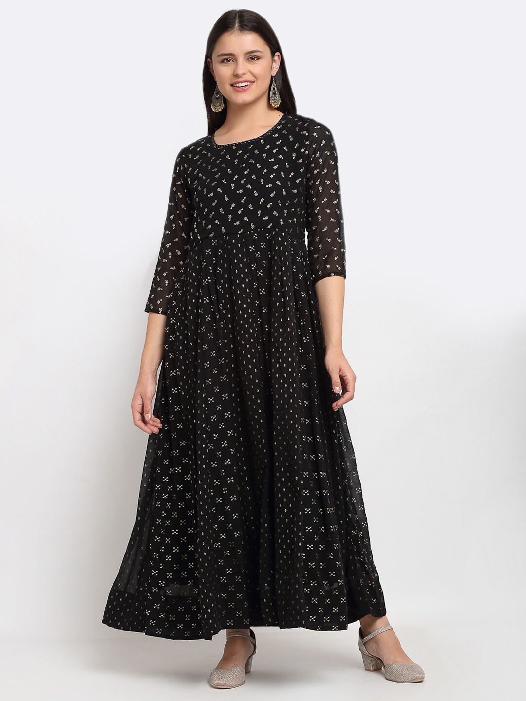 

Lovely Lady Black Floral Foil Printed Georgette Ethnic Maxi Dress