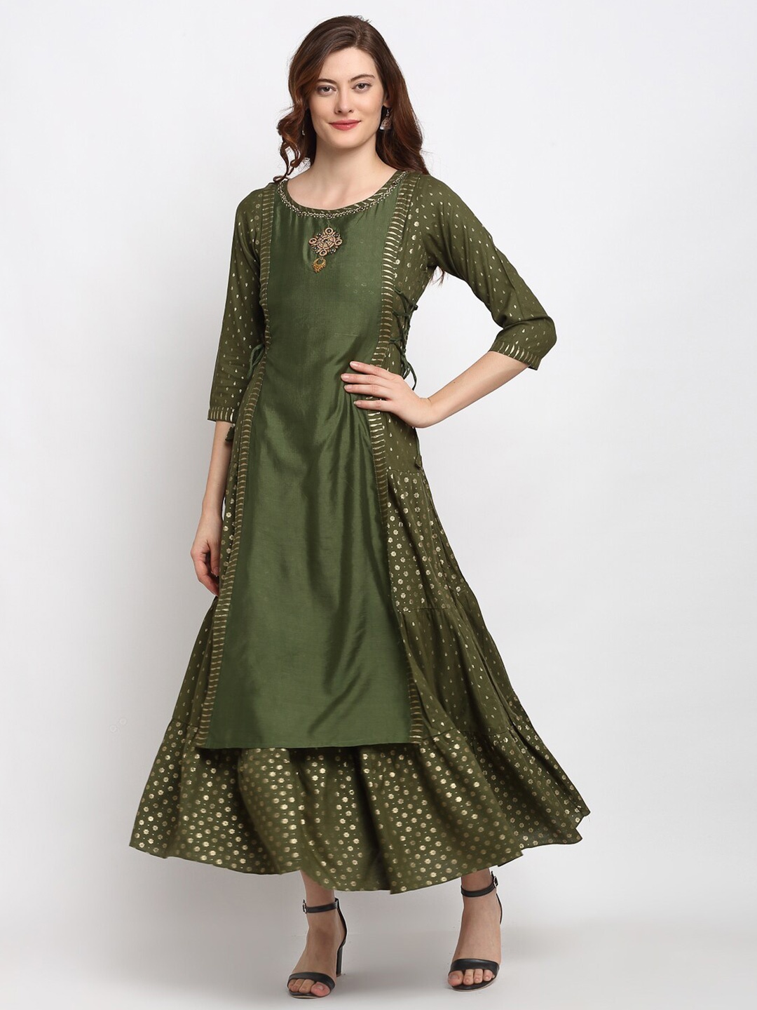

Lovely Lady Olive Green Polka Dots Foil Printed Maxi Dress
