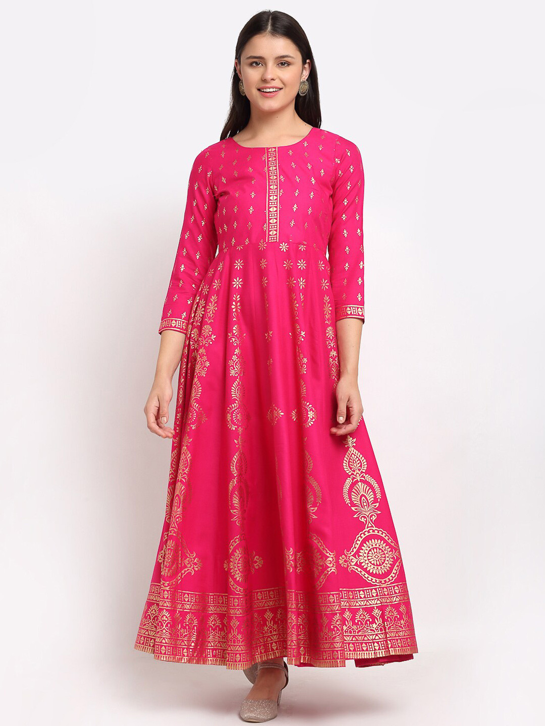 

Lovely Lady Magenta Foil Printed Floral Ethnic Maxi Dress