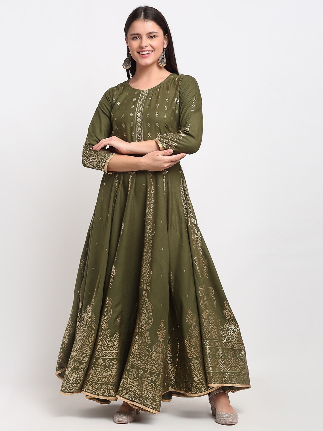 

Lovely Lady Women Olive Green Ethnic Motifs Printed Ethnic Maxi Dress