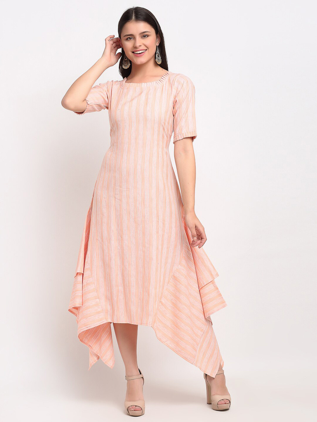 

Lovely Lady Women Peach & White Striped Fit & Flare Midi Dress