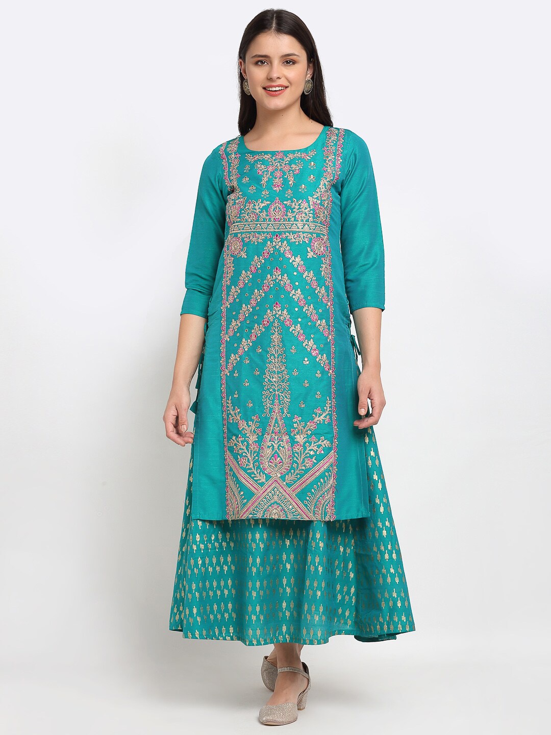 

Lovely Lady Teal Ethnic Motifs Foil Printed Maxi Dress