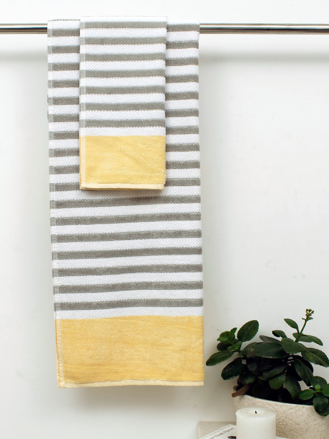 

AVI Living Yellow & Grey Combo Of Striped Towel & Bathmat