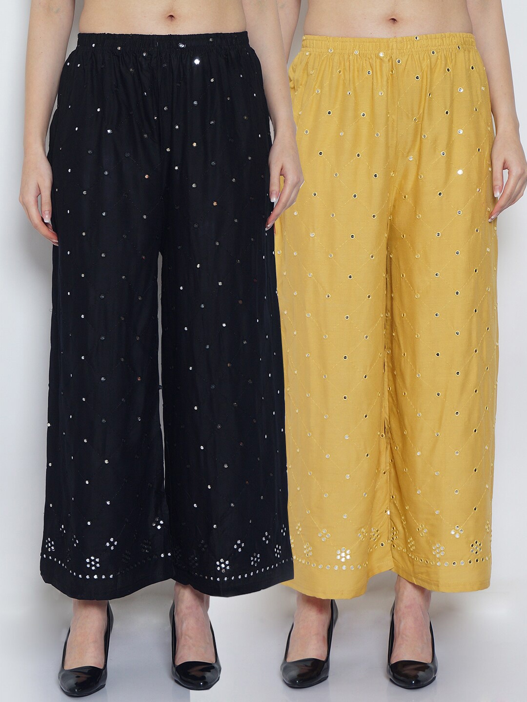 

GRACIT Women Black & Mustard Yellow Embroidered Mirror Work Ethnic Palazzos