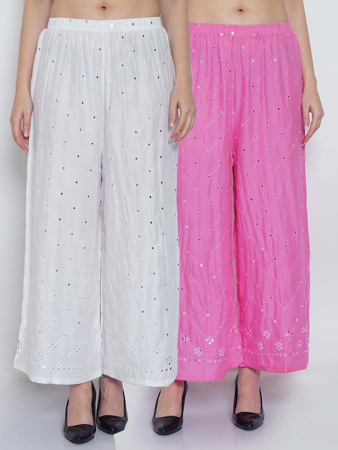 

GRACIT Women White & Pink 2 Embroidered Knitted Ethnic Palazzos