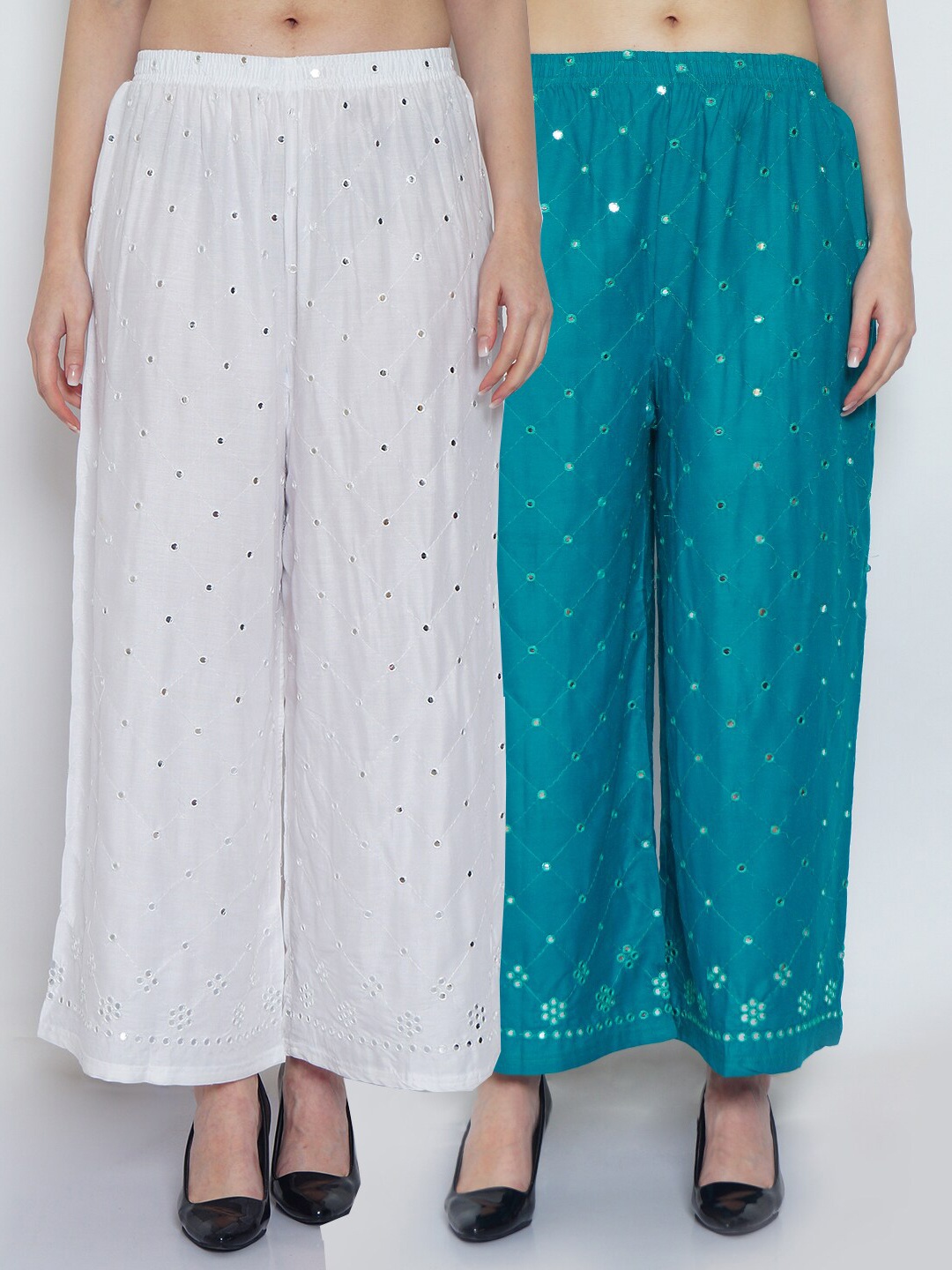 

GRACIT Women White & Turquoise Blue Set of 2 Embroidered Ethnic Palazzos
