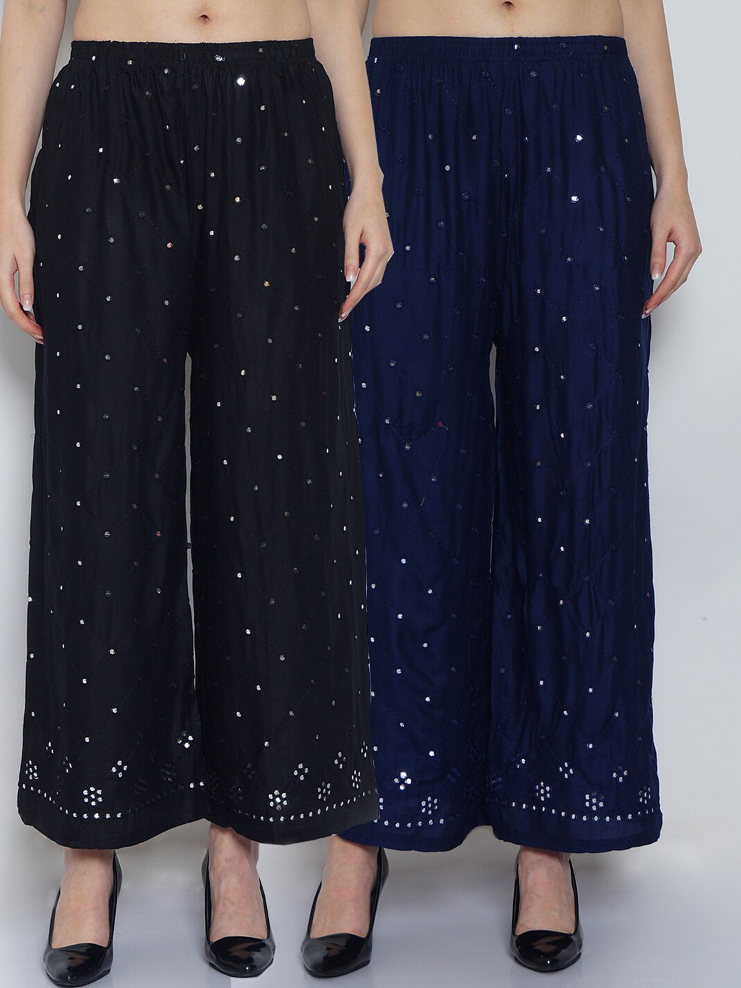

GRACIT Women Black & Navy Blue Set of 2 Embroidered Flared Knitted Ethnic Palazzos
