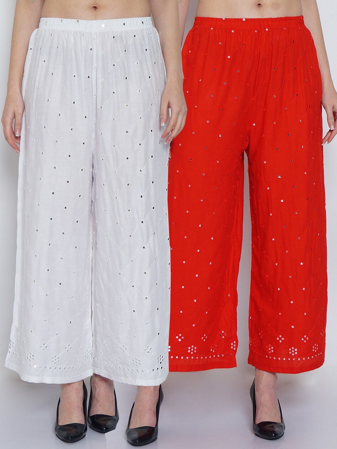 

GRACIT Women White & Red Set of 2 Embellished Flared Knitted Palazzos
