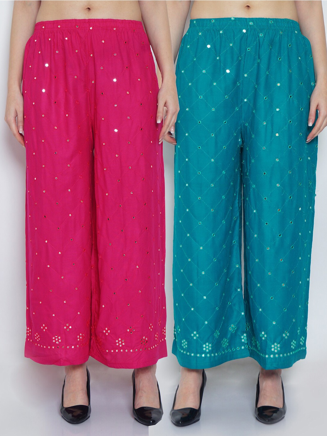 

GRACIT Women Pink & Blue Set of 2 Embroidered Ethnic Palazzos