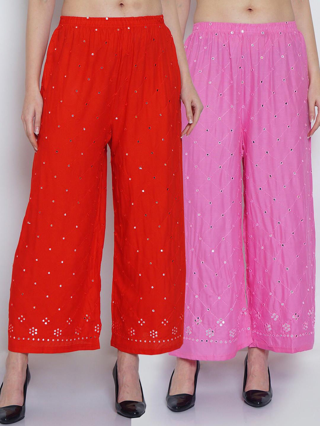

GRACIT Women Red & Pink Set Of 2 Embroidered Flared Palazzos